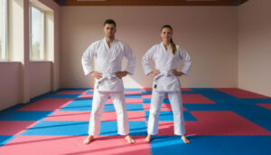 Martial arts man and woman in a dojo with hands on hips.