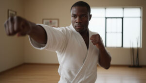 man punching in a dojo.