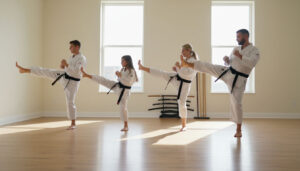 Family kicking in a dojo.