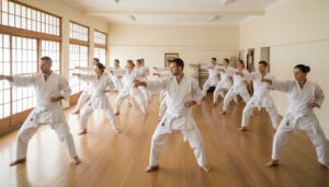Adults in martial arts class.