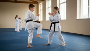Boy and girl sparring.