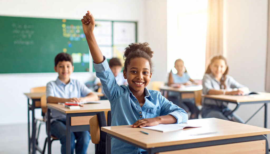 Kids in a classroom. Student has raised arm.