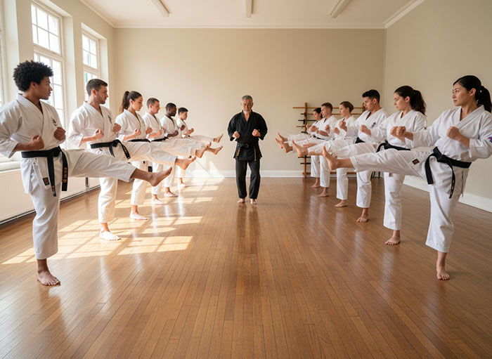 Adult martial artists kicking in a dojo.