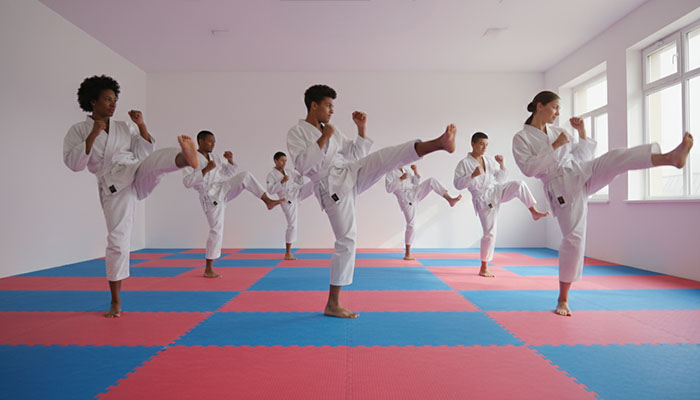 Families practicing martial arts.