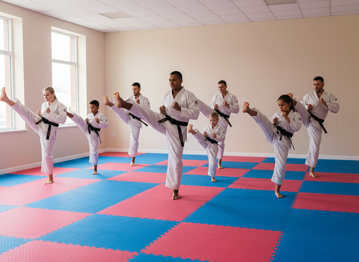Families practicing martial arts together.