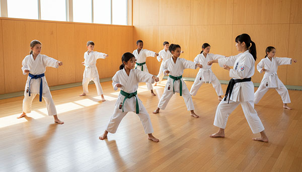 kids practicing martial arts in a dojo.