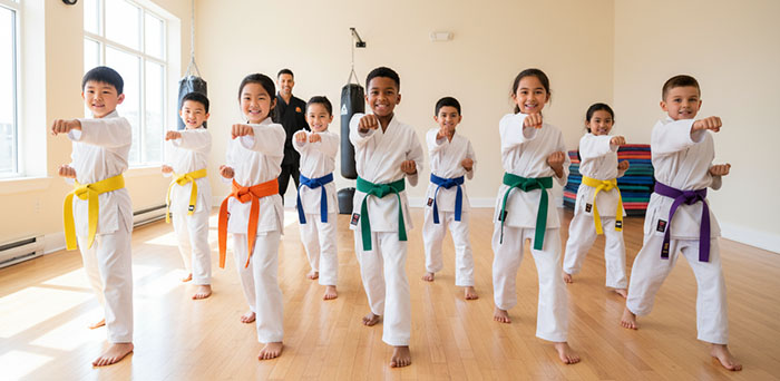 Kids in a dojo practicing the martial arts.