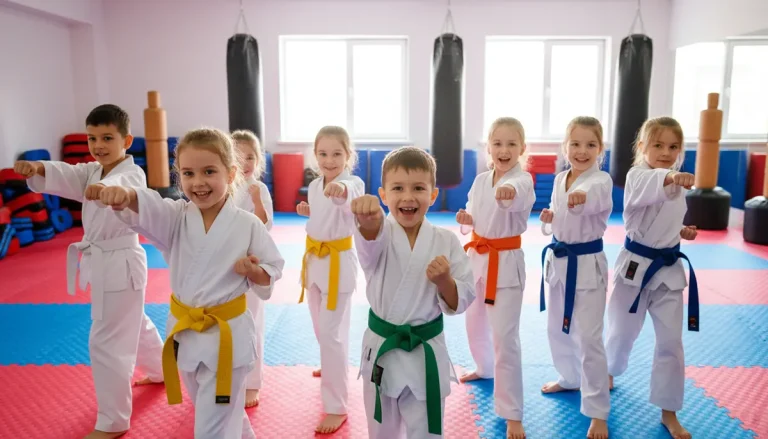Happy kids punching in martial arts class.