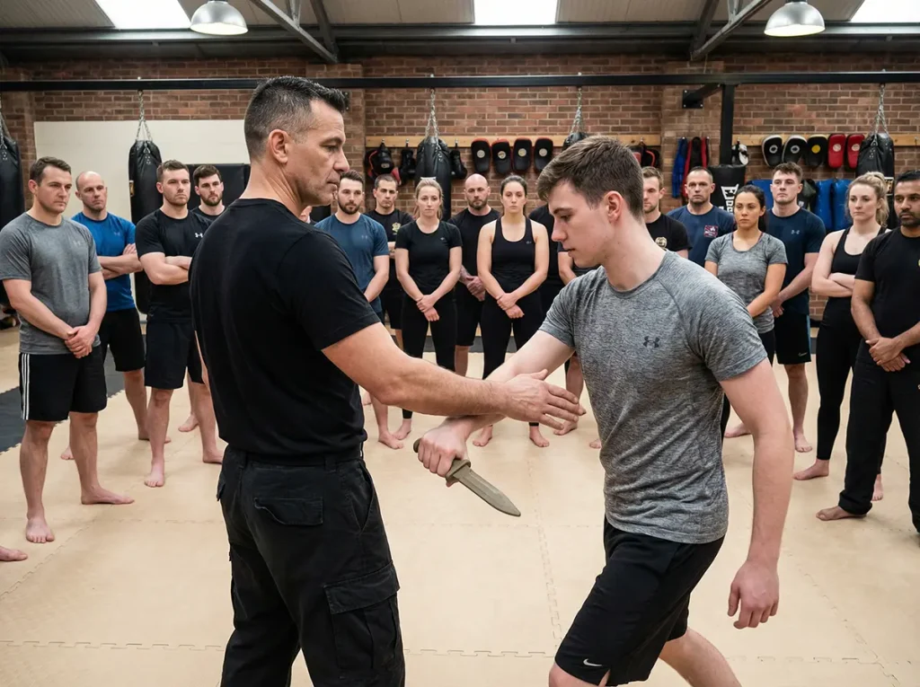 Instructor demonstrating knife self-defense techniques.