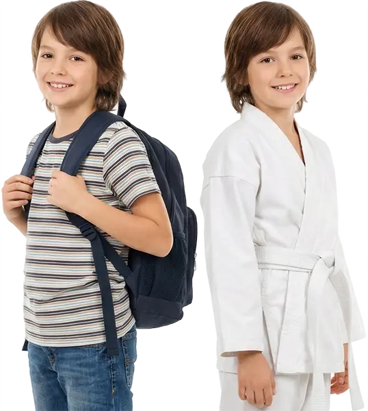 Kid with backpack for school and kid in martial arts uniform.