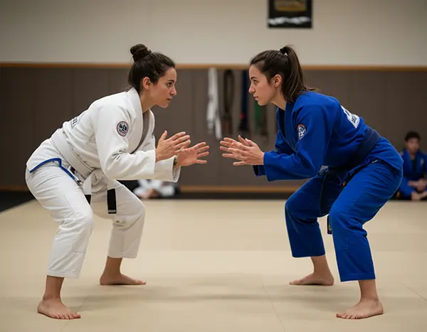Female BJJ students facing off.